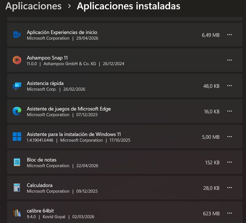 Programas instalados Configuración Windows 11.