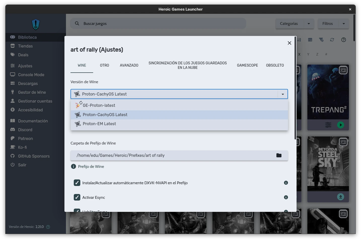Seleccionando una compilación alternativa de Proton para un juego instalado mediante Heroic Games Launcher