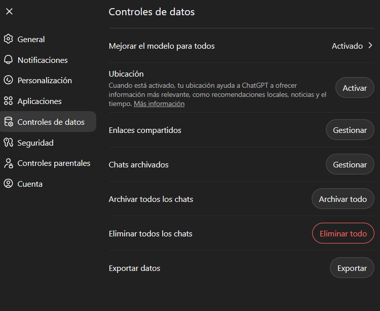 Ventana para el control de datos de ChatGPT.