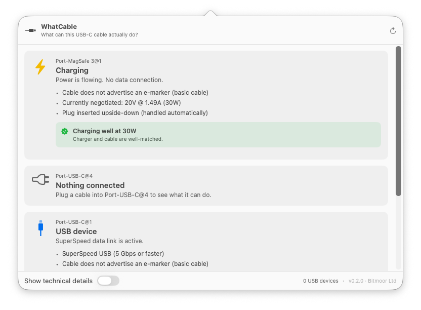 WhatCable para MacOS explica de forma clara y directa lo que hace cada USB-C conectado al equipo