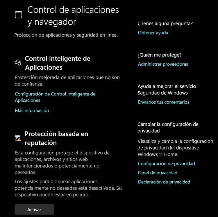 Función de Control de aplicaciones incluida en Windows Defender.