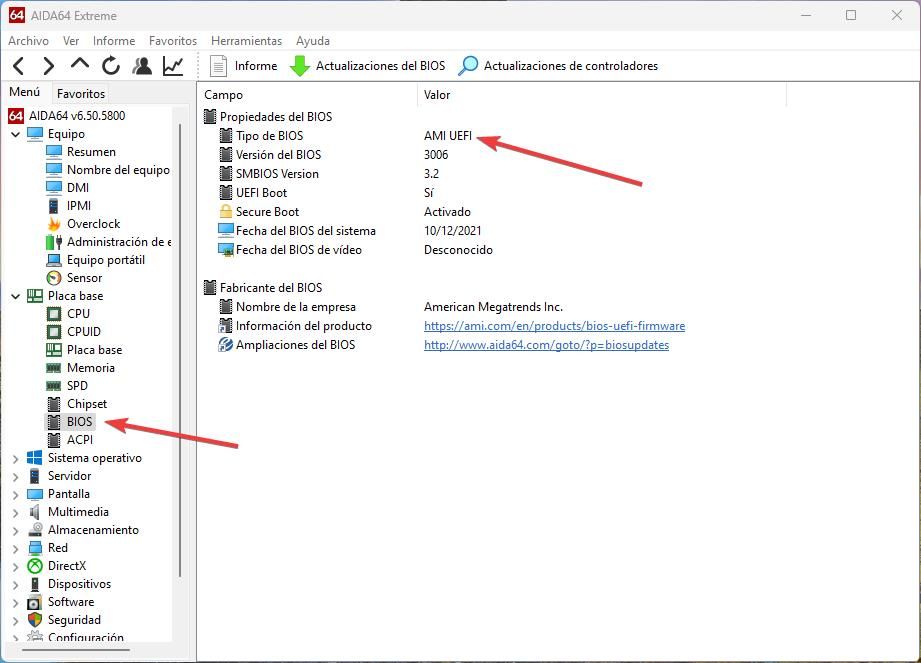 Interfaz del programa AIDA64 mostrando la sección de propiedades del BIOS con información del tipo de firmware AMI UEFI señalada por flechas rojas.