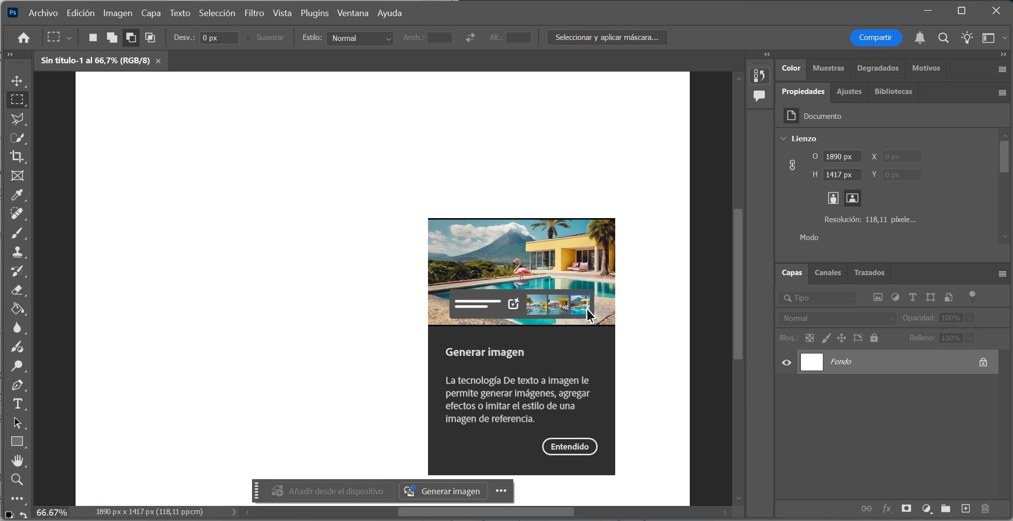 Interfaz de Adobe Photoshop en modo oscuro mostrando la ventana de Generar imagen mediante inteligencia artificial sobre un lienzo blanco.
