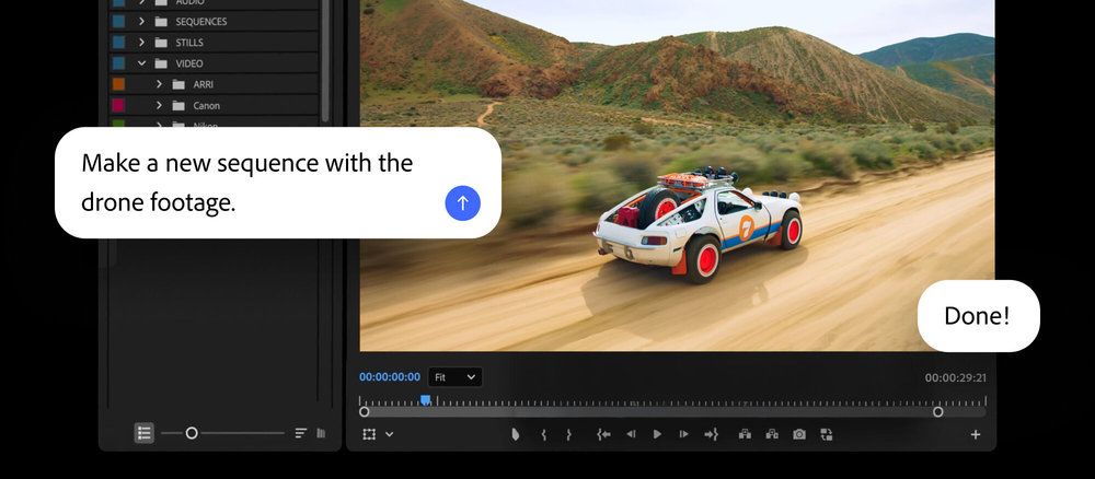 Interfaz de software de edición de vídeo mostrando un asistente de inteligencia artificial que ejecuta la orden de crear una secuencia con grabaciones de dron sobre una escena de un coche en el desierto.