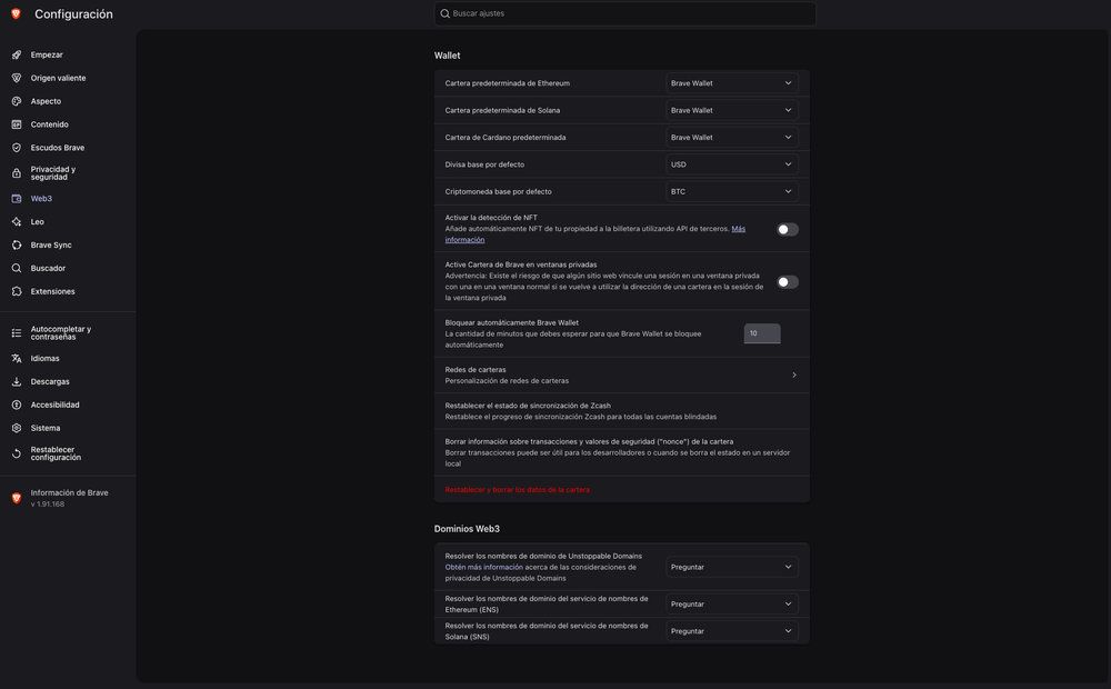 Menú de configuración del navegador Brave mostrando opciones de escudos y privacidad en modo oscuro.