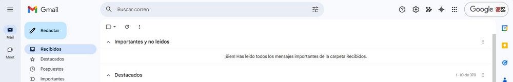 Interfaz de la bandeja de entrada de Gmail mostrando las secciones de Importantes y Destacados con el mensaje de todos los correos leídos.