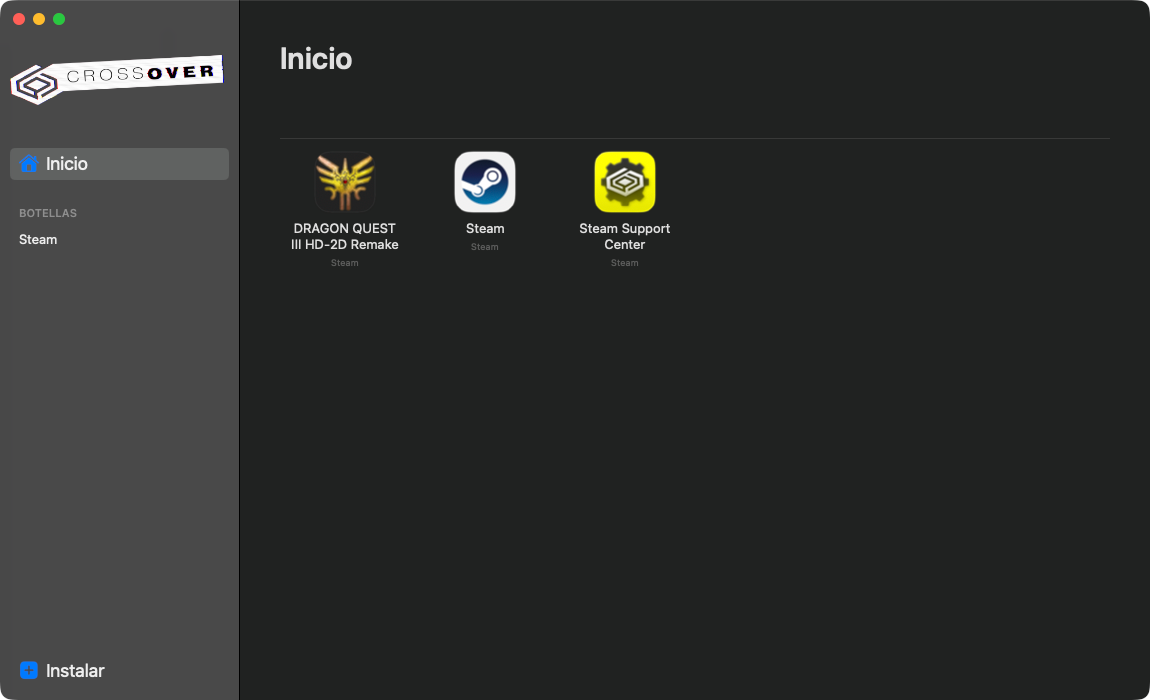 Interfaz de la aplicación CrossOver en Mac mostrando la pantalla de inicio con accesos directos a Steam y Dragon Quest III HD-2D Remake.