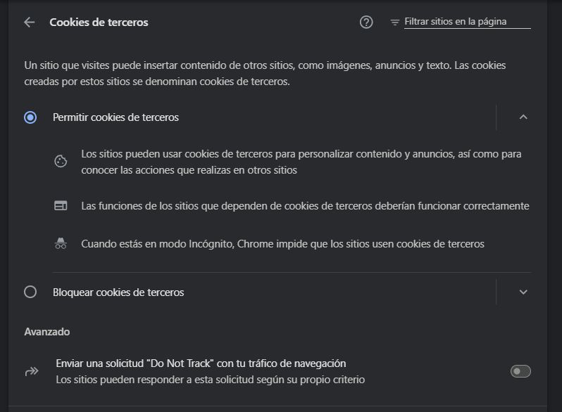 Cookies de terceros en Google Chrome.