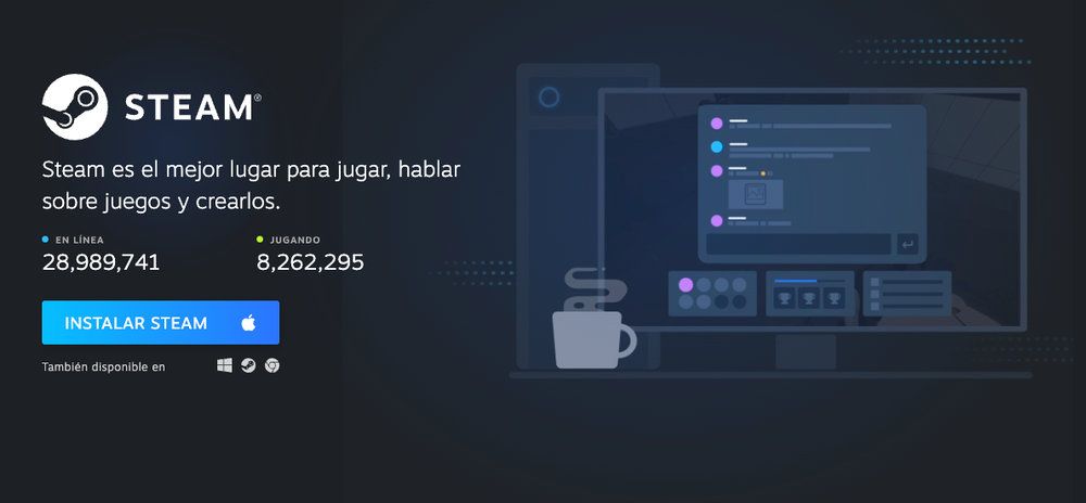 Interfaz de la página oficial de Steam mostrando el botón de instalación para macOS con el logotipo de Apple.