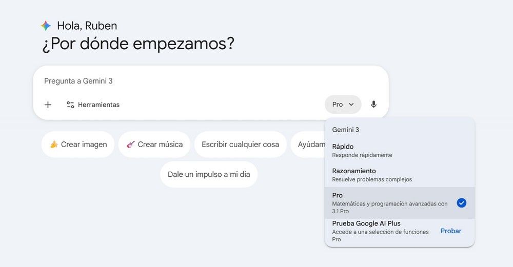 Interfaz de Gemini 3.1 Pro Web con campo de búsqueda y opciones de configuración.