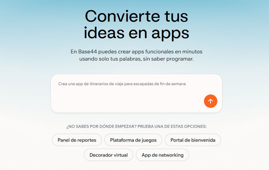 Interfaz Base44 crear apps IA.