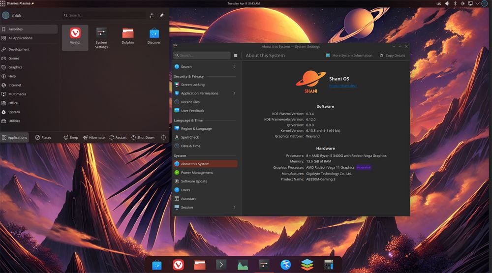 Interfaz KDE del sistema ShaniOS Linux.