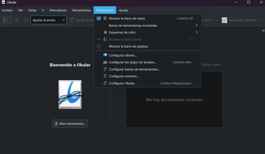 Interfaz principal app PDF Okular.