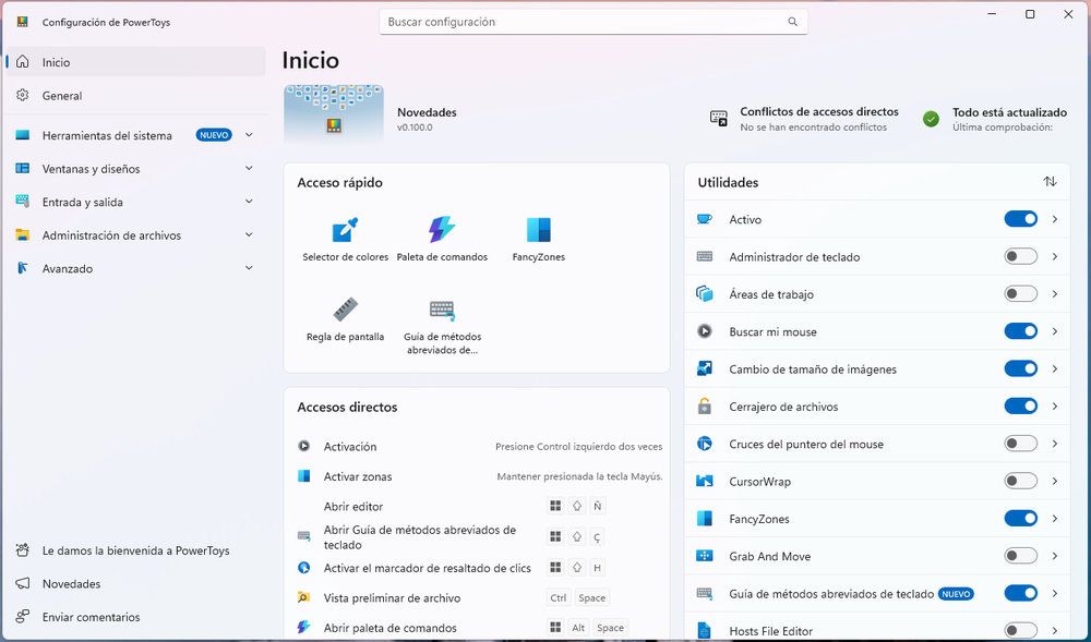 Panel de inicio de la configuración de Microsoft PowerToys en Windows con opciones de acceso rápido y utilidades activables.