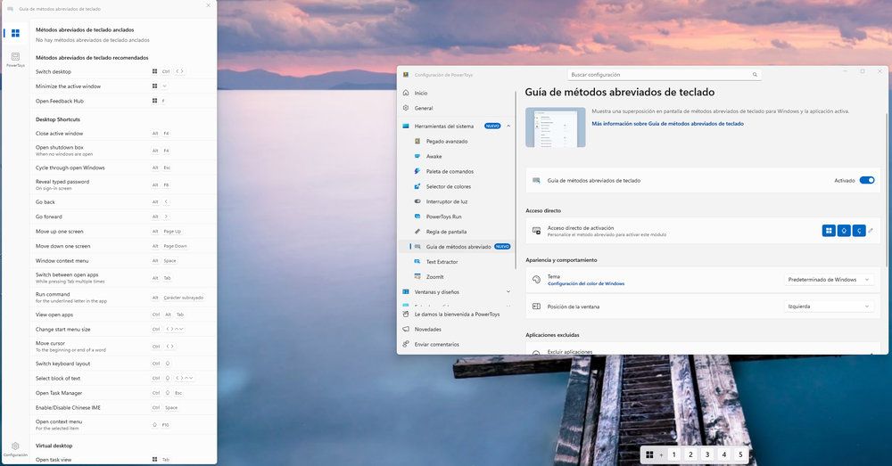 Interfaz de configuración de Microsoft PowerToys en Windows con la herramienta de guía de métodos abreviados de teclado activa sobre un fondo de escritorio.