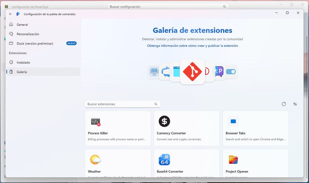 Interfaz de la Galería de extensiones en la configuración de PowerToys para Windows con opciones para instalar y administrar herramientas de la comunidad.