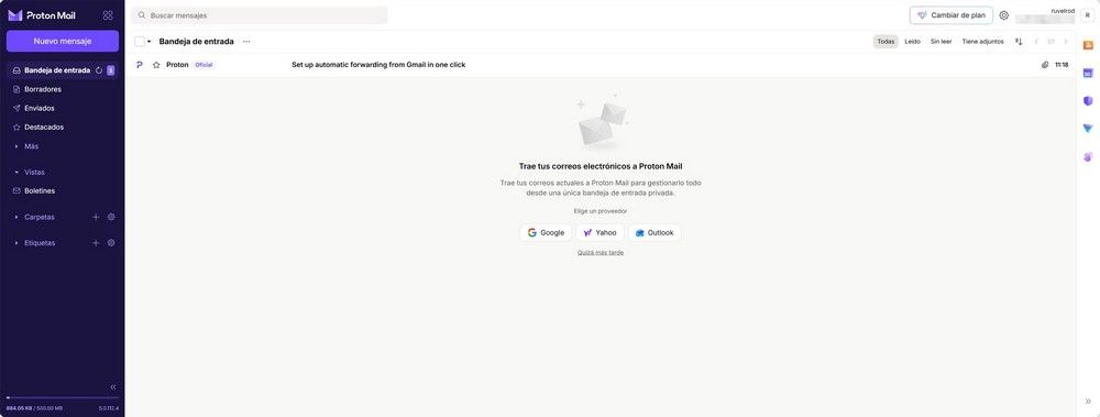 Interfaz de la bandeja de entrada vacía del servicio de correo Proton Mail con opciones para importar mensajes desde Google, Yahoo y Outlook.