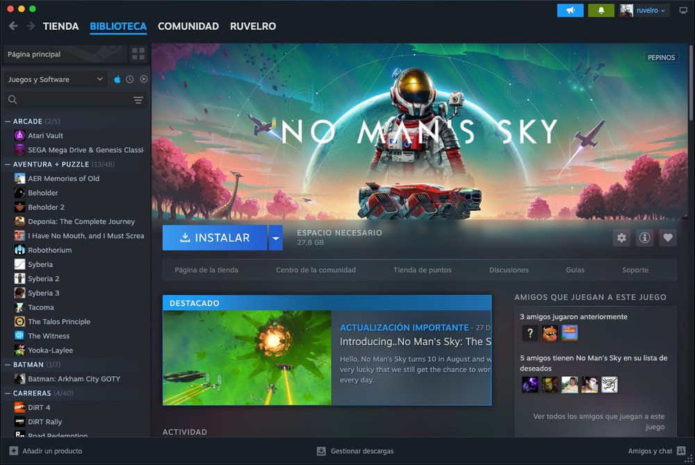 Interfaz de la biblioteca de Steam en macOS mostrando la ficha del videojuego No Man's Sky con el botón de instalar disponible.