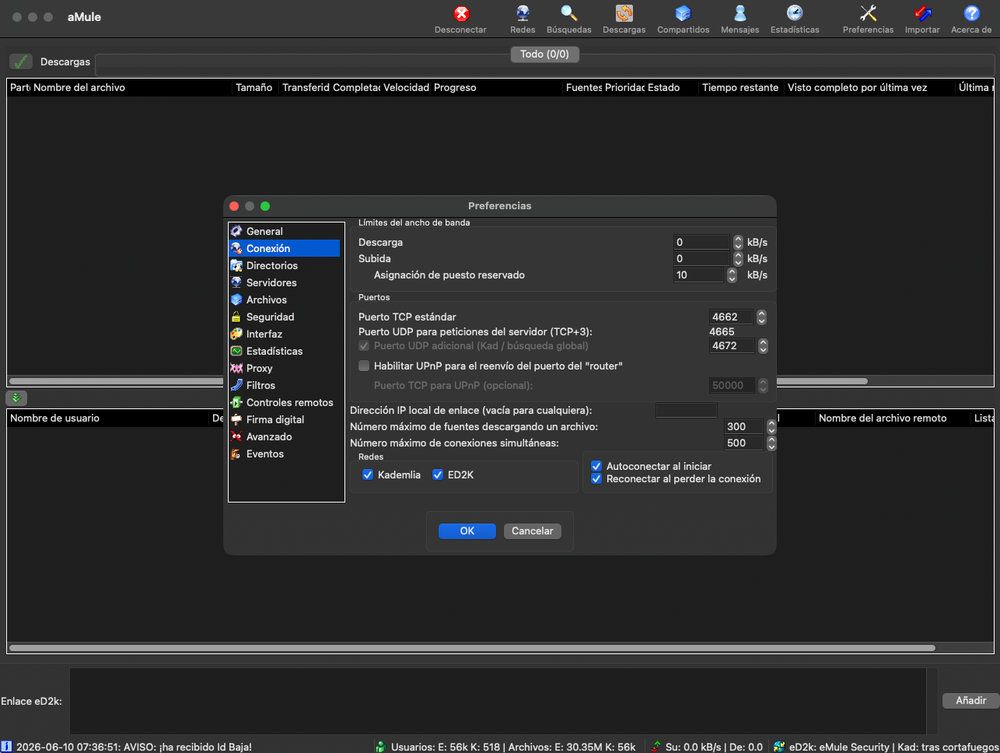 Ventana de configuración de red en el software de intercambio aMule mostrando los límites de ancho de banda y puertos TCP.