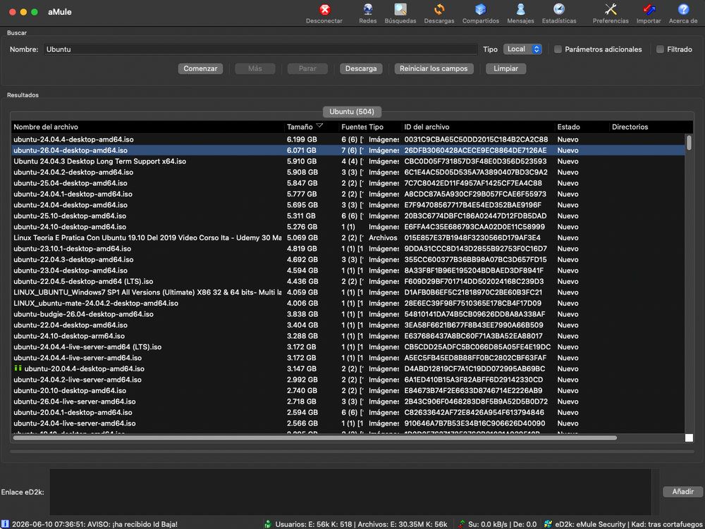 Interfaz del programa aMule mostrando una lista de resultados de búsqueda para archivos ISO de Ubuntu con detalles de tamaño y fuentes.