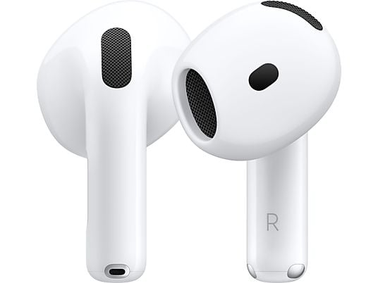 Primer plano de los auriculares Apple AirPods 4 de color blanco con detalle de las rejillas de ventilación y sensores sobre fondo neutro.