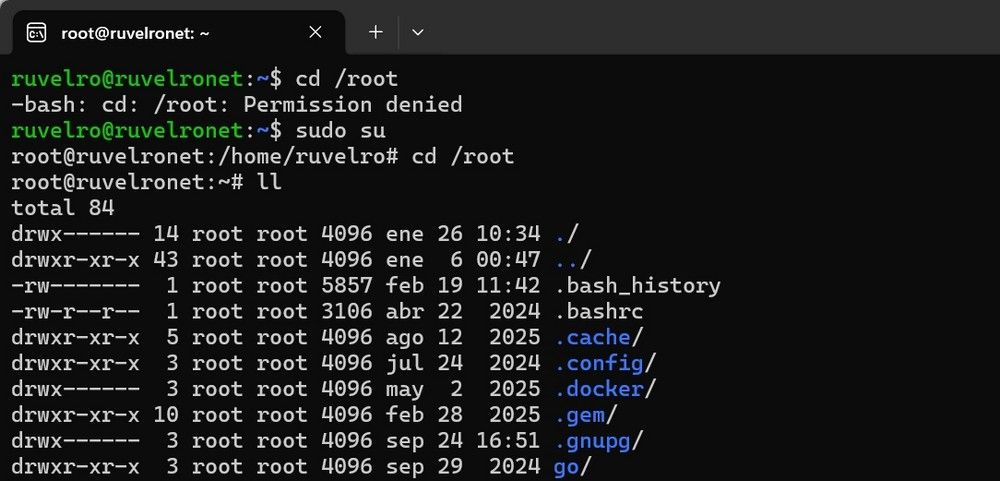 Ventana de usuario root en un equipo con Linux.