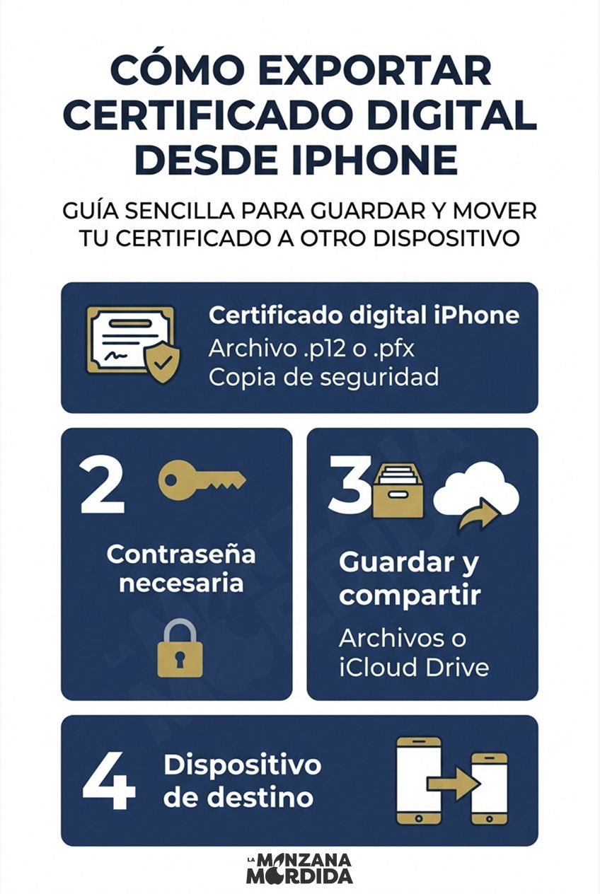 Infografía con los pasos para exportar un certificado desde un iPhone | LaManzanaMordida