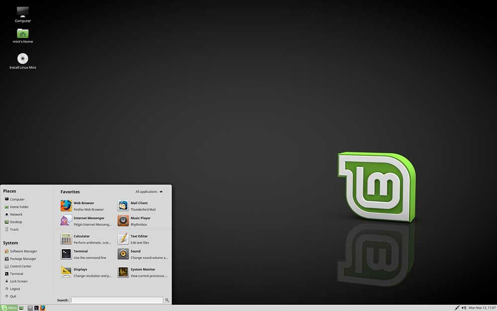 Escritorio del sistema operativo Linux Mint con el menú de inicio abierto, iconos laterales y el logotipo de la distribución sobre un fondo oscuro.