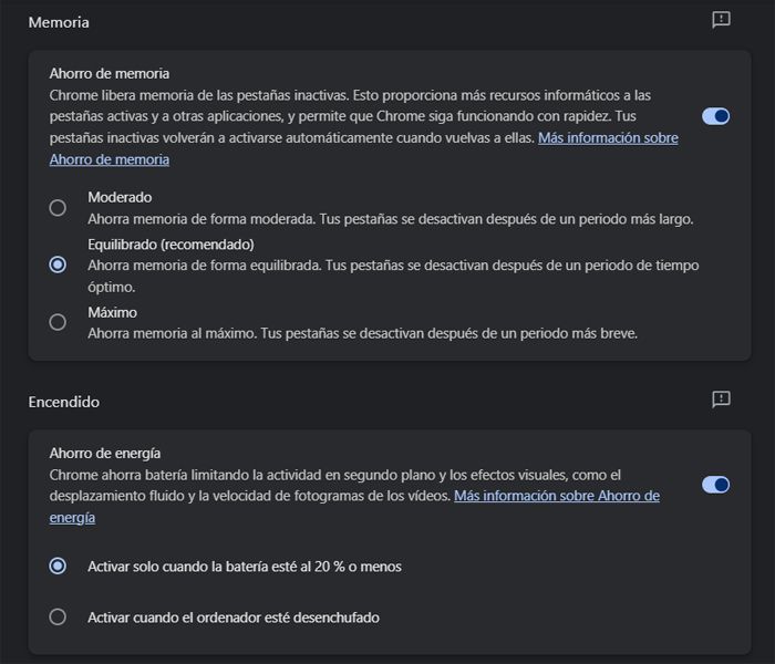 Funciones mejora rendimiento Chrome.