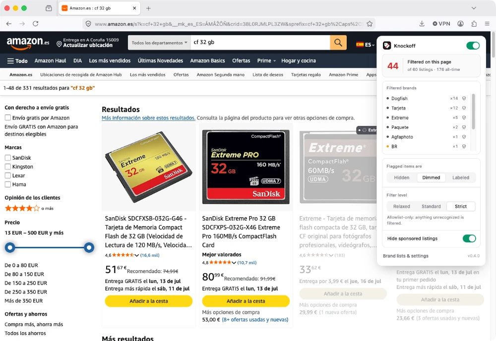 Konockoff, una extensión para Chrome y Firefox (y pronto para Safari) que permite ocultar los productos de marcas chungas y desconocidas en Amazon