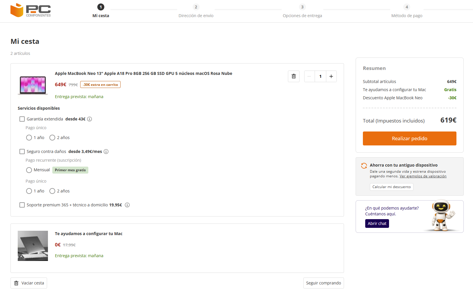 Macbook Neo con precio de 619 euros en PcComponentes