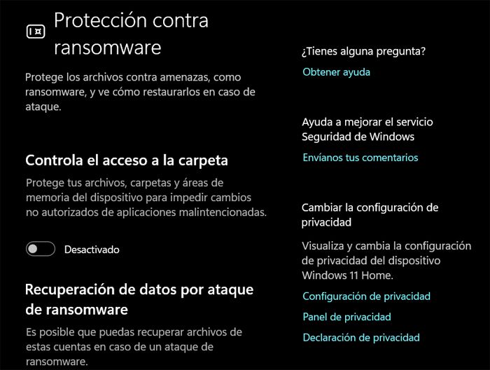 Panel de configuración de Protección contra ransomware en Windows 11 mostrando el interruptor de control de acceso a carpetas desactivado.