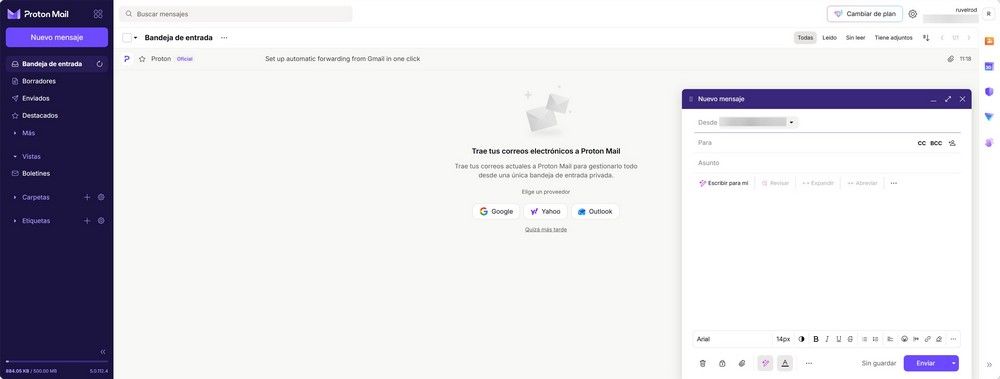 Interfaz de la bandeja de entrada de Proton Mail con una ventana emergente para redactar un nuevo mensaje y opciones para importar correos desde Google, Yahoo y Outlook.