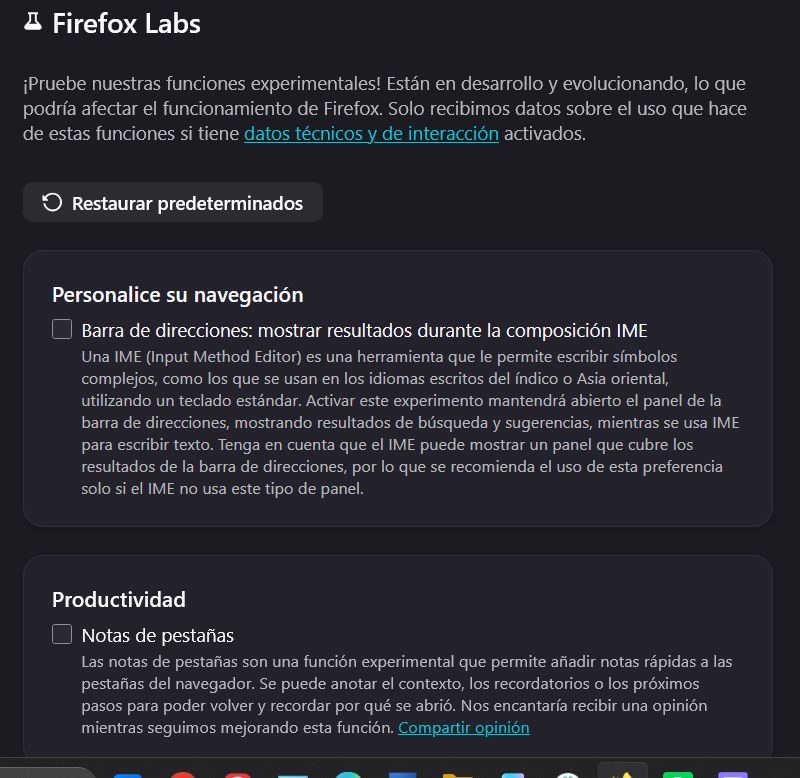 Sección Firefox Labs configuración.