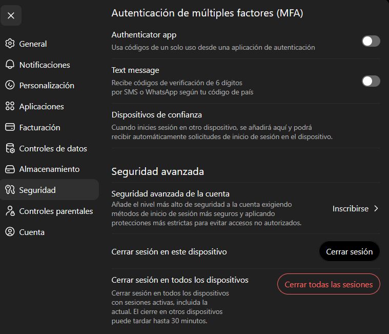 Ventana de configuración de ChatGPT.